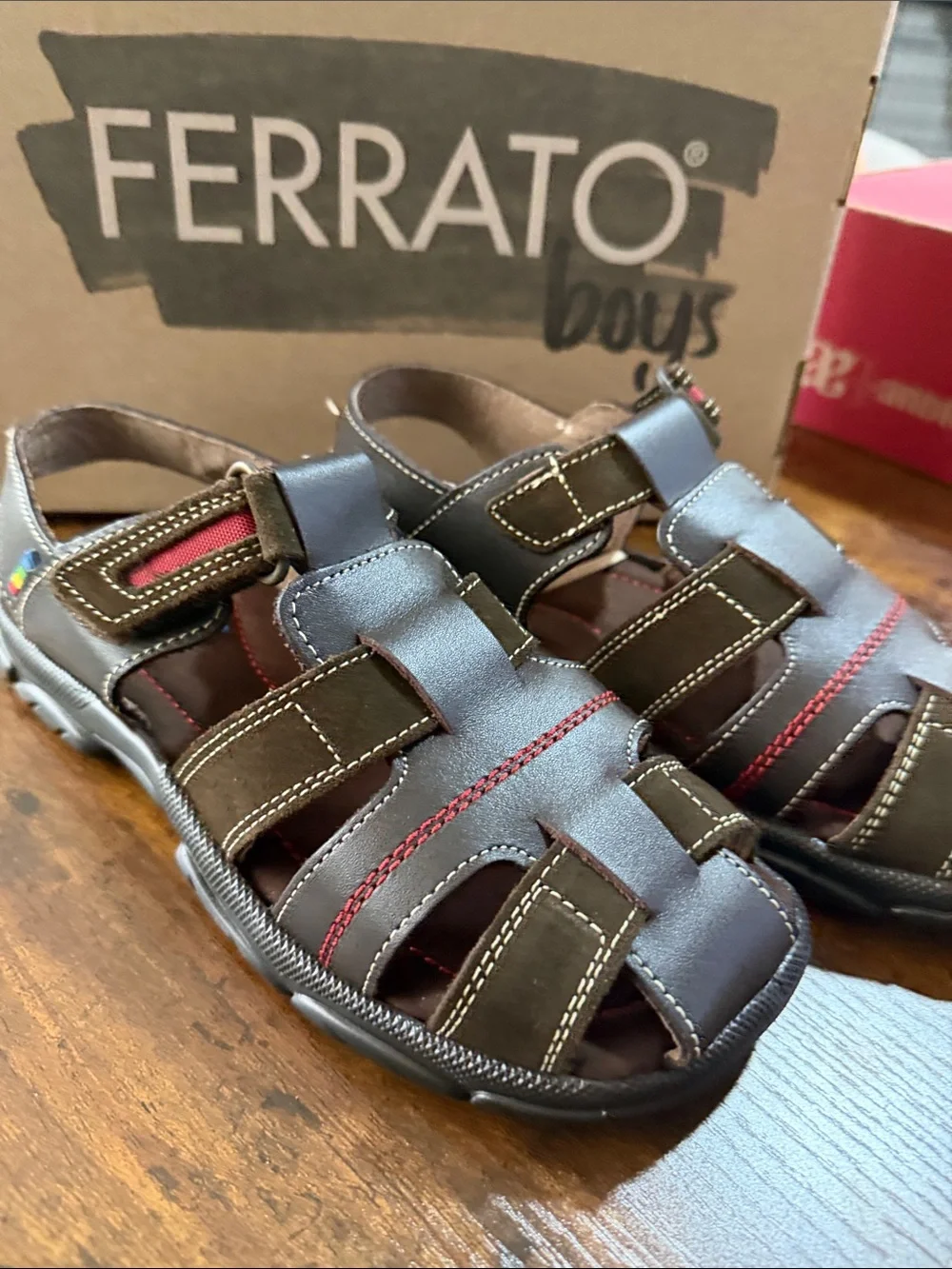 Boys Brown Sandals with Red Stitching